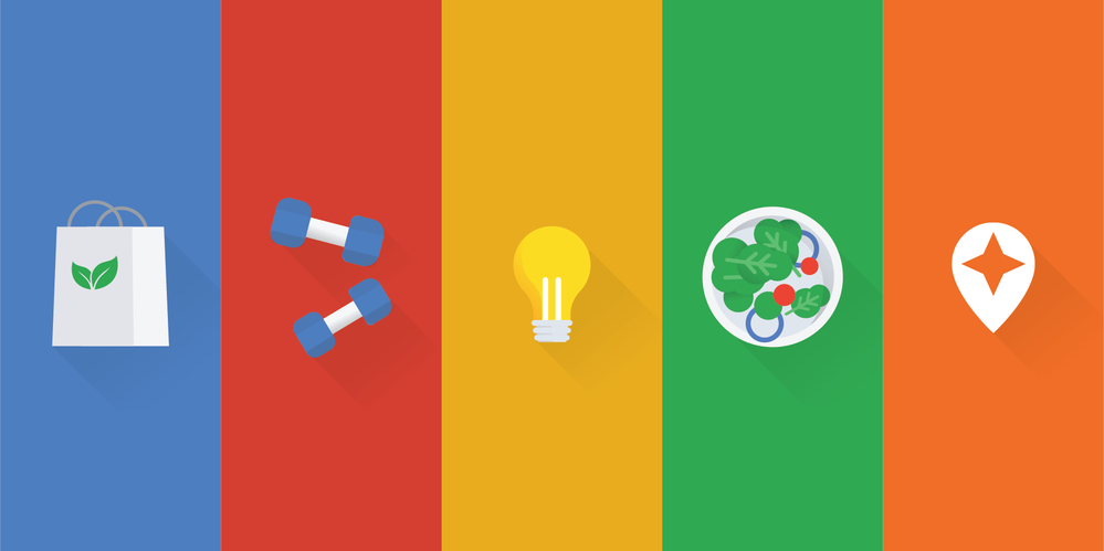 Caption: An illustration of five different icons including a bag with leaves printed on it, weights for working out, a lightbulb, a salad, and the Local Guides logo on a multicolored background.