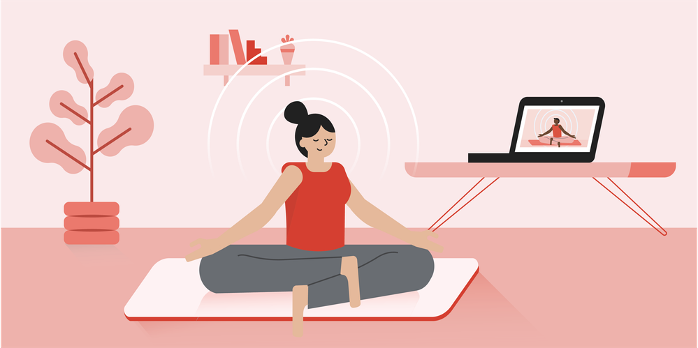 Caption: An illustration of a Local Guide sitting on a mat while doing a virtual yoga class.