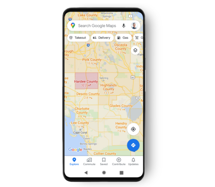 Caption: Screenshot of the Google Maps app with COVID-19 information at a state level in Florida, United States.