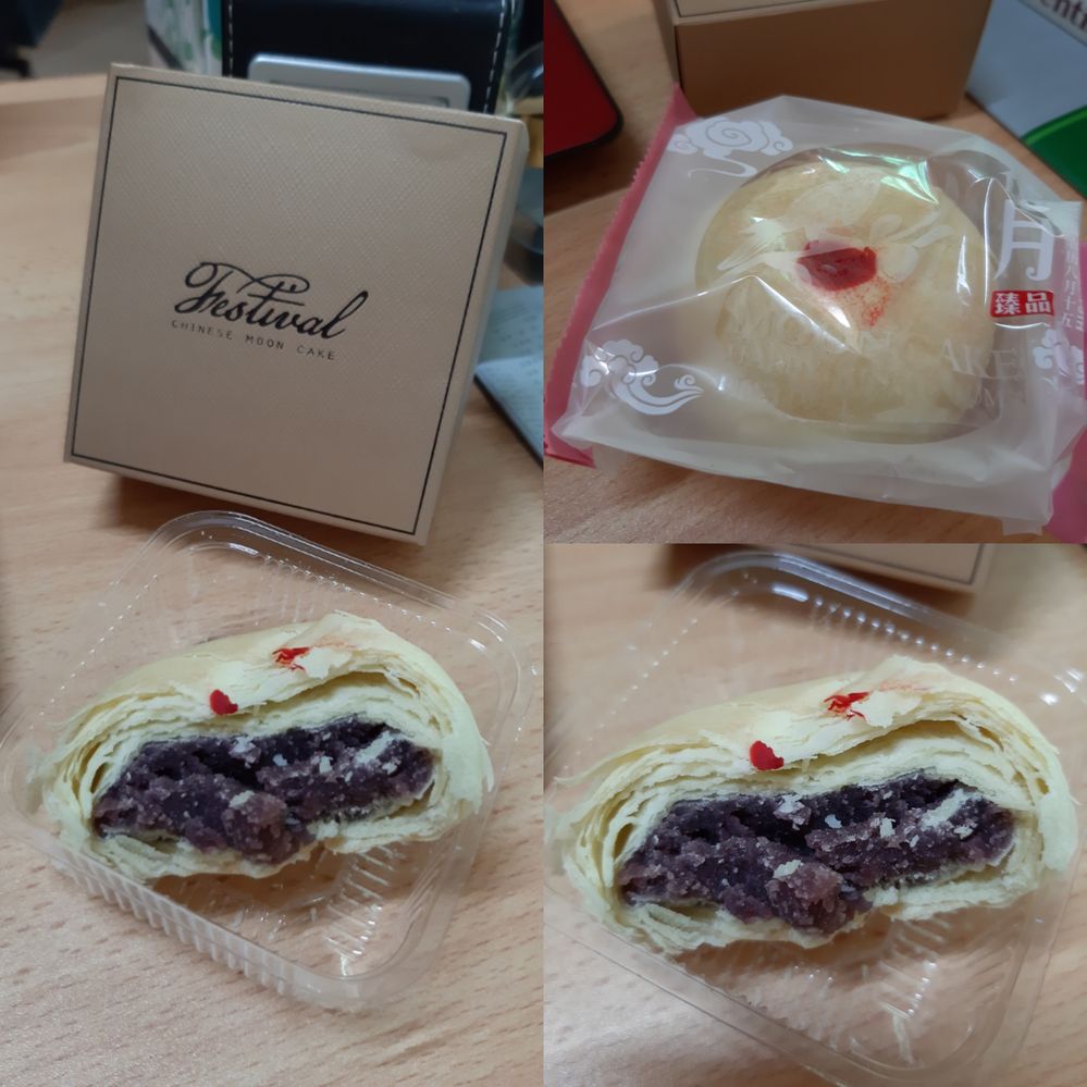 Caption: A collage of photos showing a cross section of my first ever red bean mooncake captured by Local Guide @Zino_