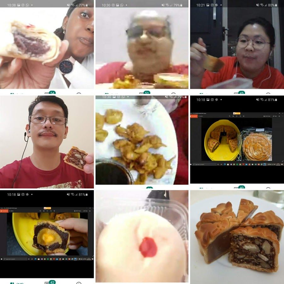 Caption: A screenshot of the meetup captured by Local Guide @StephenAbraham. You can see Local Guide @Zino_ in the top left corner showing off her mooncake after taking a bite.