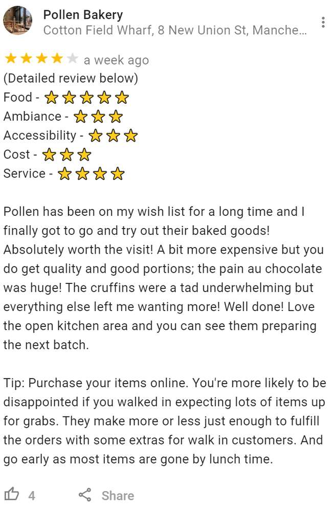 Caption: Screenshot showing the full review of a bakery, Pollen, in Manchester.