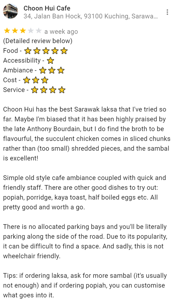 Caption: A screenshot showing the full review of a food place selling the popular Sarawak laksa.