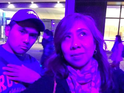My mom and I at Vivid Sydney's purple lights.