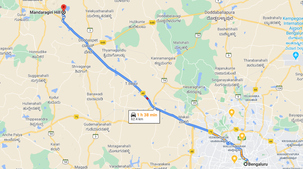 Google Maps Route to Mandaragiri Hills from Bangalore