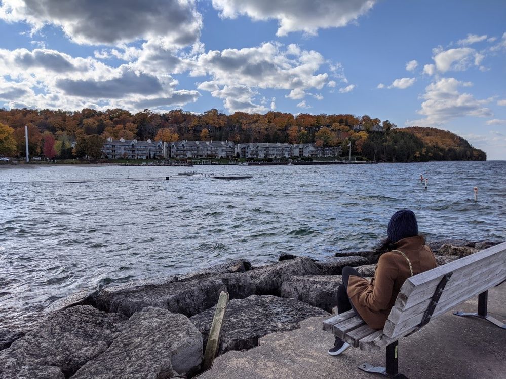 Caption: A photo of Local Guide @Sheetal_RS sitting on a bench and looking out at Lake Michigan from Sister Bay Marina. (Local Guide @Sheetal_RS)