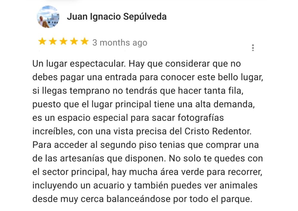 Caption: A screenshot of Local Guide Juan Ignacio Sepúlveda’s review of Parque Lage in Rio De Janeiro, Brazil.