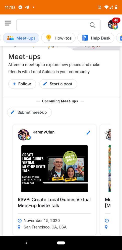 Caption:  HOW TO SERIES: Create Local Guides Virtual Meet-up Invite Talk "Upcoming Meet-ups" post. Screenshot: @karenvchin