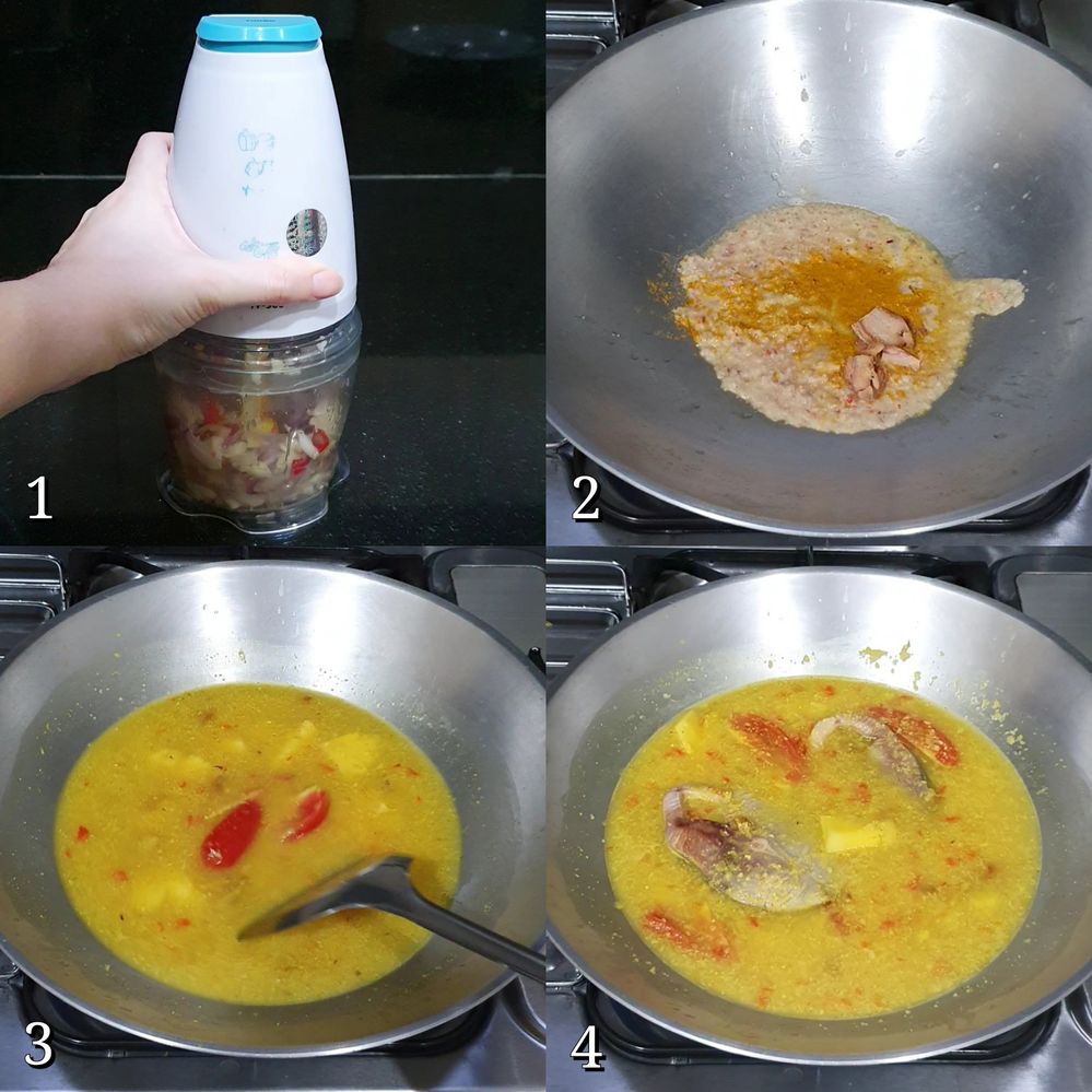 A collage of four photos showing the cooking directions to make Gangan fish soup. (Local Guide @Lusianaa)