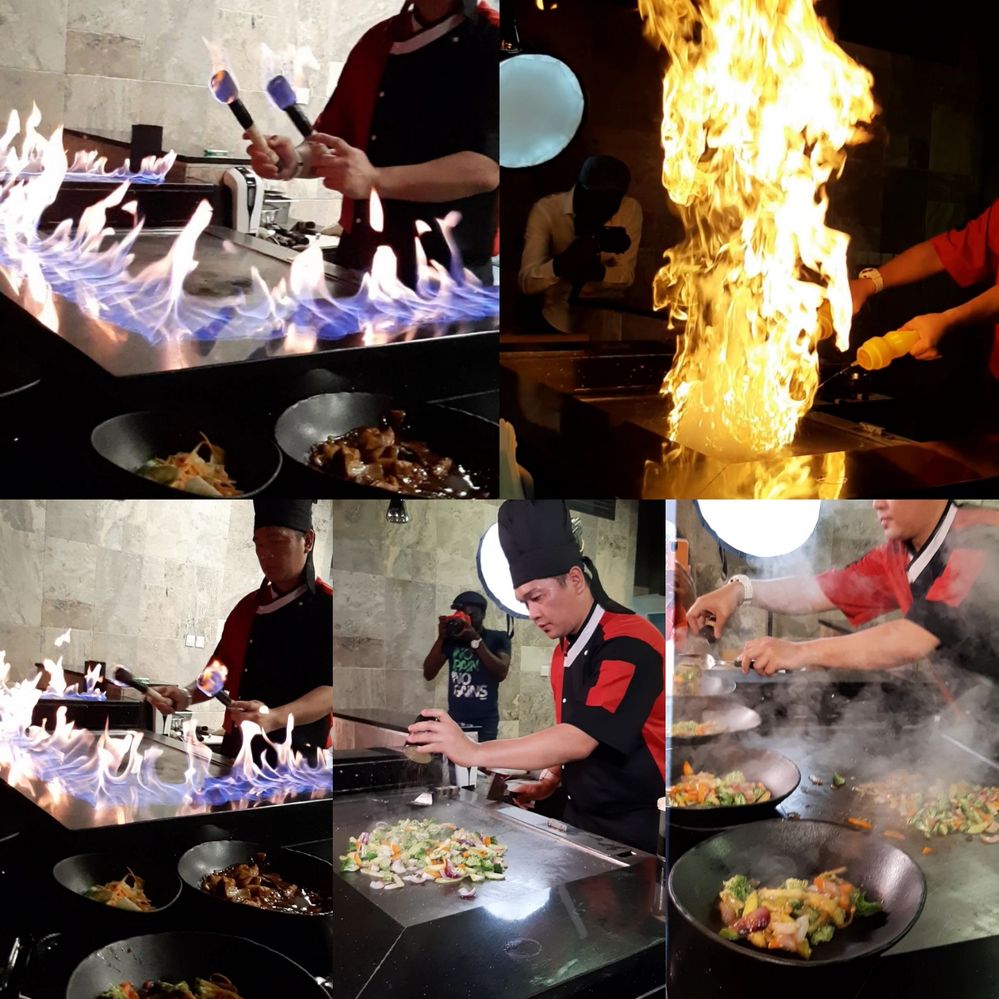 Caption: A collage of video screenshots showing the Teppanyaki at 4GUYS, Abuja captured by Local Guide Zino_