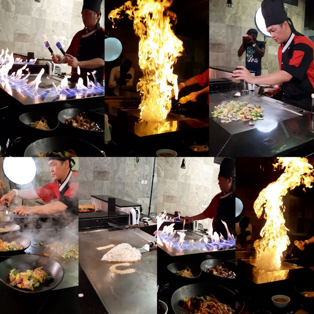 Caption: A collage of video screenshots showing the fire tricks and cooking during Teppanyaki at 4GUYS, Abuja captured by Local Guide Zino_