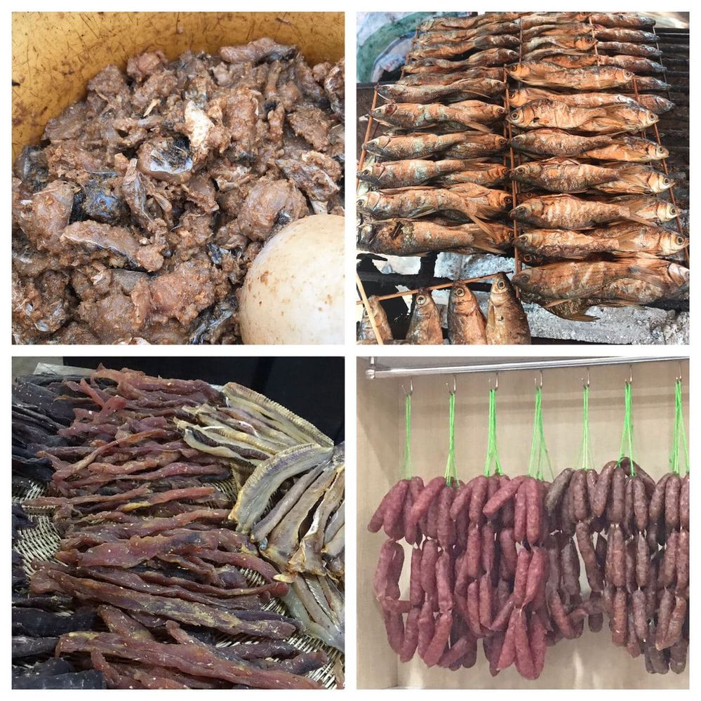 Paok (fermented fish with roasted rice), smoked fish, dried beef/crocodile and pork/beef sausage
