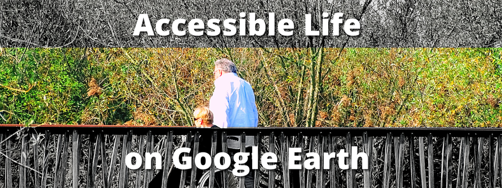 Caption: A walkable bridge with a person in a  wheelchair, and the text "Accessible Life - on Google Earth" - photo and graphic @ermest