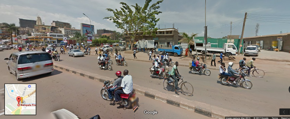 There  are thought to be more than 300,000 boda bodas in Kampala - Google Street View