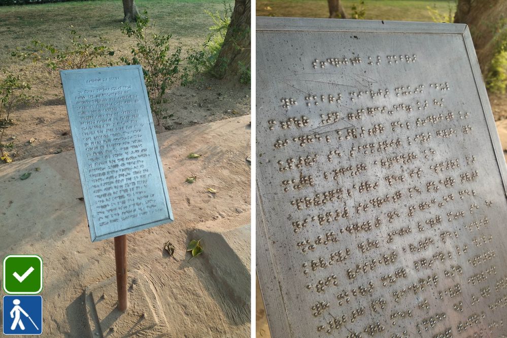 Caption: Information Board at a Monument in Delhi with Braille Script Embossed, photo by local guide @Tushar_Suradkar