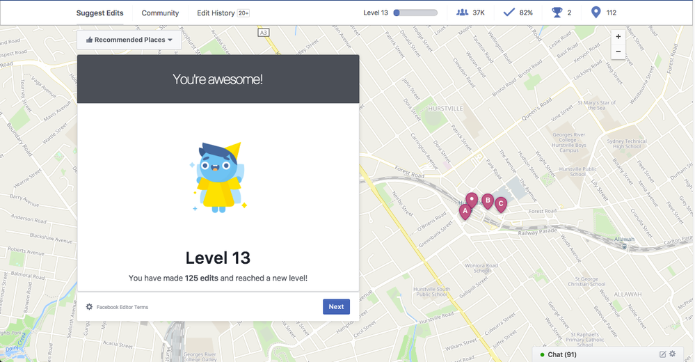 Here's a screenshot of the Facebook editor. Hey look, I reached Level 13!