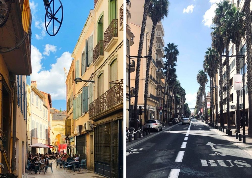 Légende: Un collage de deux photos, montrant une rue piétonne du vieux Perpignan regorgeant de bars et de restaurants (à gauche) et une longue et large rue bordée d'immeubles et de palmiers géants (à droite). (Local Guide @BorrisS)