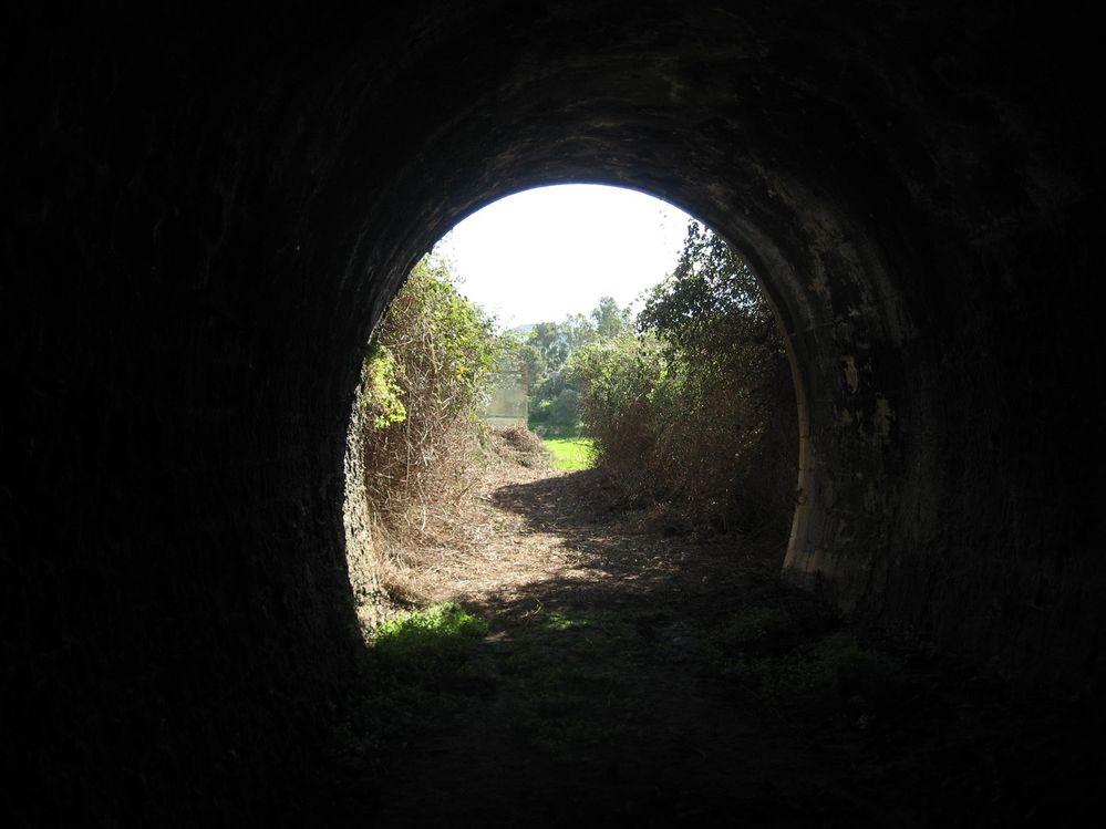 Didascalia: Una foto di paesaggio visto dall'interno di una galleria ferroviaria abbandonata, scattata in Sicilia durante un'escursione denominata "Ferrovie dimenticate" (Local Guide Giu_DiB).