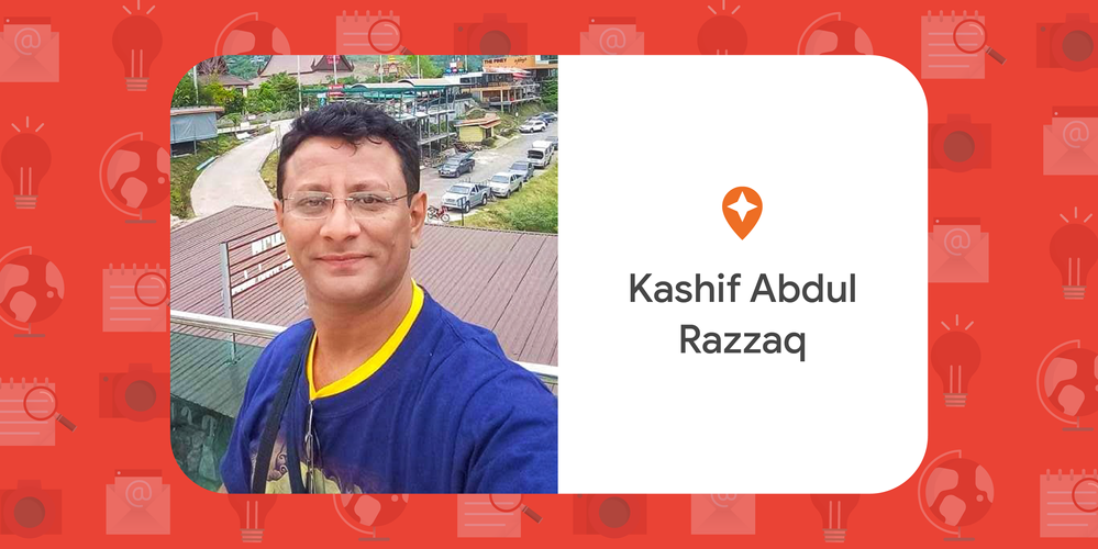 Caption: A photo of Kashif smiling and an illustration with the words “Kashif Abdul Razzaq,” the Local Guides pin, an email, a light bulb, a globe, a notebook, a magnifying glass, and a camera.