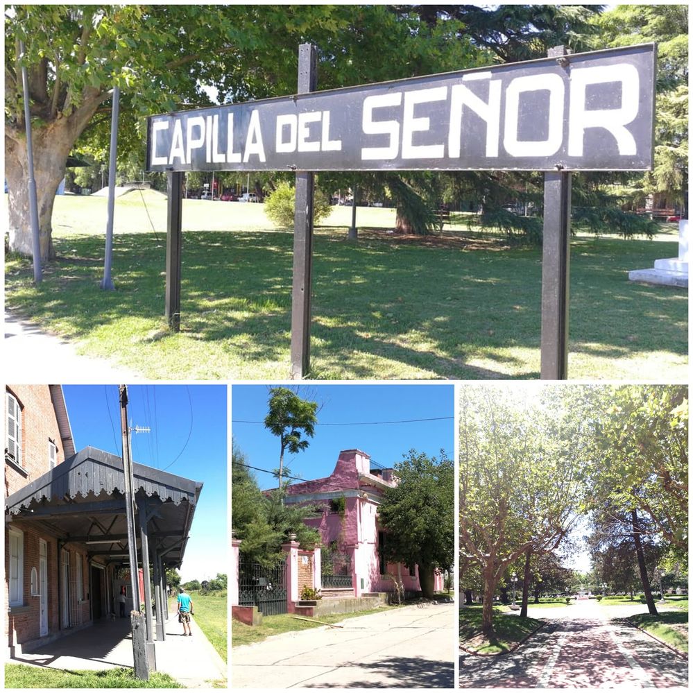 Caption: A collage of four photos from Exaltación de la Cruz in Argentina, showing a sign, different buildings, and a path between trees. (Local Guide @SilvyC)