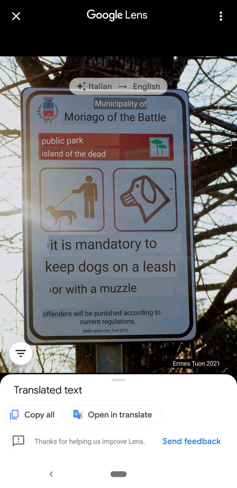Caption: Title: a sign at the entrance to a park, in Italian, with the English translation superimposed. Below are the commands to open the translation in Google Translate