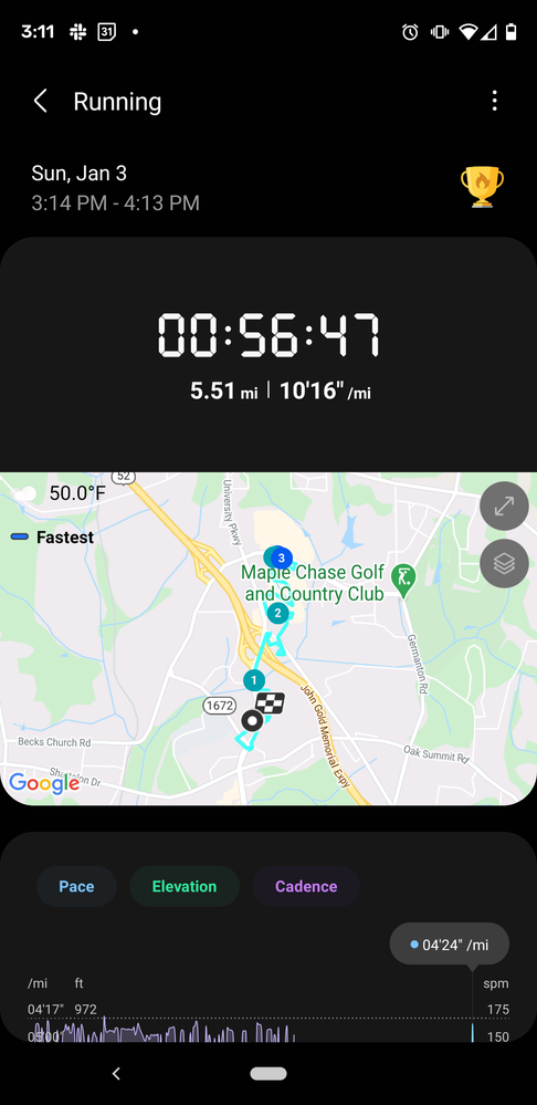 A screenshot of my Samsung Health app run data from one of my storefront missions in the northern section of Winston-Salem, NC.