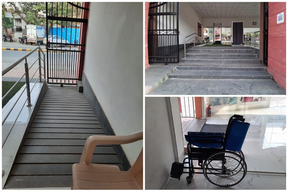 Caption : collage of photos of wheelchair accessible entrance and wheelchair at the entrance.