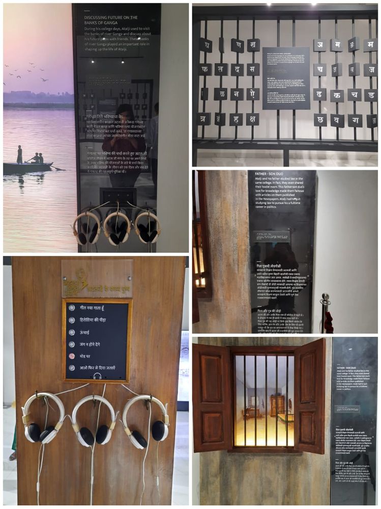Caption : collage of photos inside the exhibition hall, showing description in different languages and Braille, headphones for listening to the poems and writings.