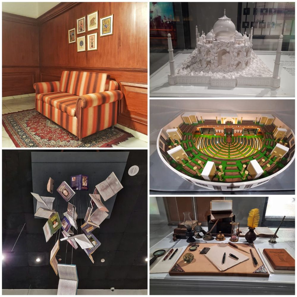Caption: photo collage of top left replica of prime minister office sofa, 2nd bottom left hanging artificial books written by Atal Ji, top 1st right depicting the poem about labours who built Taj Mahal, 2nd right miniature of Parliament of India made using 3d Printing, 3rd bottom right writing material belonging to journalism period of Atal Ji