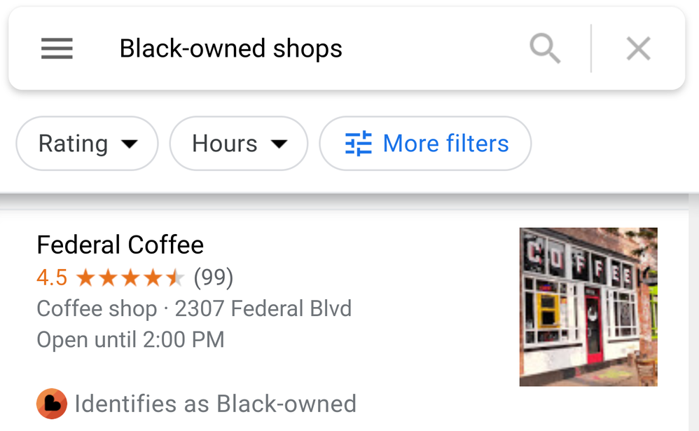 Caption: A screenshot of a Google Maps search for “Black-owned shops” with results showing Federal Coffee alongside the Black-owned business icon.