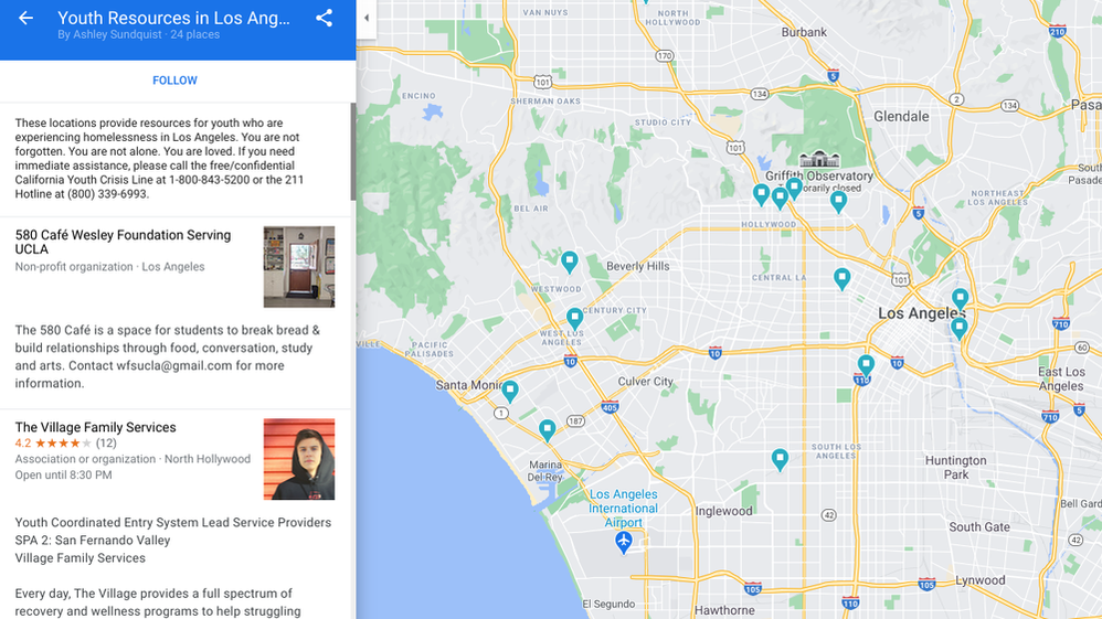 Caption: A screenshot of Ashley’s Google Maps list for youth resources in L.A.