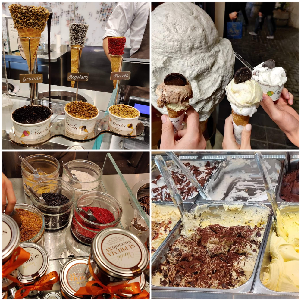 Caption: A collage of four photos showing ice-cream cones in different sizes and little jars with decorations for them (left top and bottom) and different ice-cream flavors (right top and bottom). (Local Guide @TsekoV)
