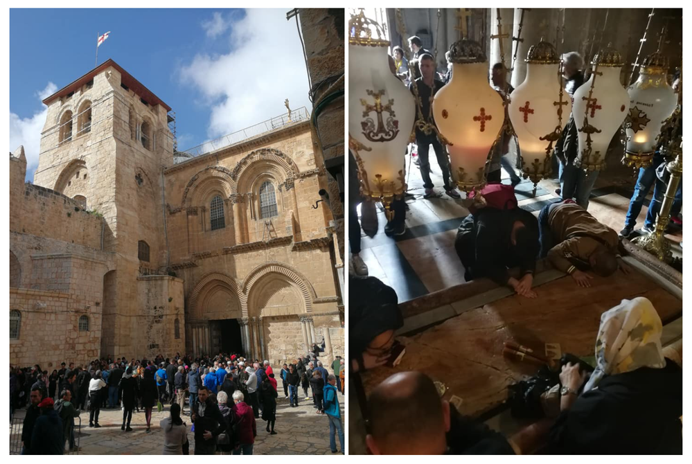 Didascalia: Un collage di due foto, a sinistra dei fedeli all’ingresso della Basilica del Santo Sepolcro, e dei credenti in preghiera sulla Pietra dell’Unzione, a destra. (Local Guide @Giu_DiB)
