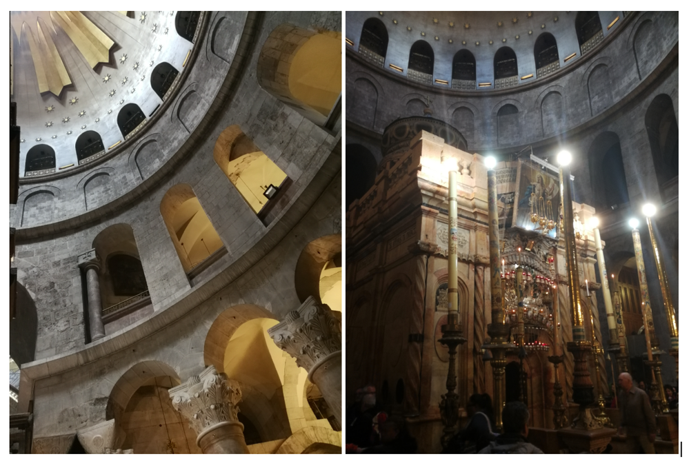 Didascalia: Un collage di due foto che mostrano le colonne e gli archi di supporto alla Cupola dell’Anastasi, a sinistra, mentre a destra si vede l’ingresso dell’Edicola. (Local Guide @Giu_DiB)