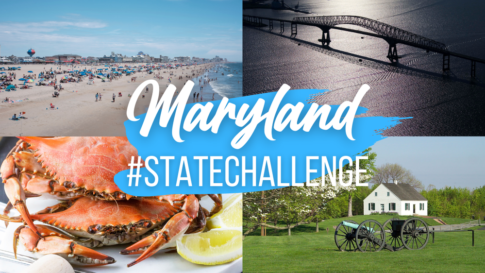 Caption: Cover photo showing, clockwise from top left, the beaches along Ocean City, the Key Bridge in Baltimore, the view at Antietam, famous Maryland blue crabs.