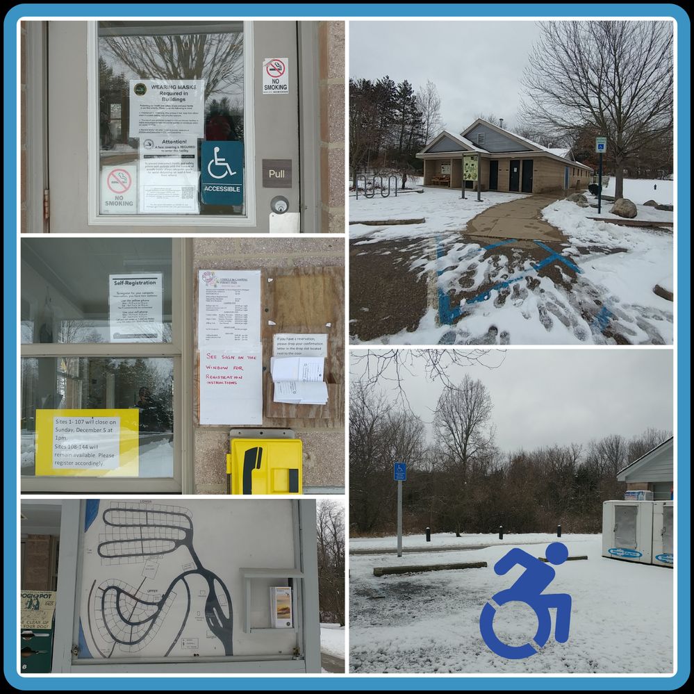 Caption: A collage of photos of the front office area of the Bishop Lake Campground at the  Brighton Recreation Area in Michigan State, USA. (Local Guide @Erna_LaBeau)