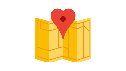 Caption: An illustration of a yellow map with a red heart-shaped pin over it.