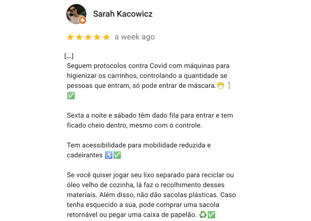 Caption: A screenshot of Local Guide @SarahKa’s review of Supermarket Verdemar - Sion in Belo Horizonte, Brazil.