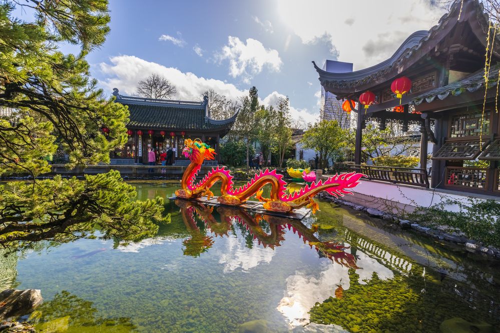Caption: A photo of Lan Su Chinese Garden featuring a pond, decorative dragon, and traditional Chinese structures. (Local Guide Rui Qiang)