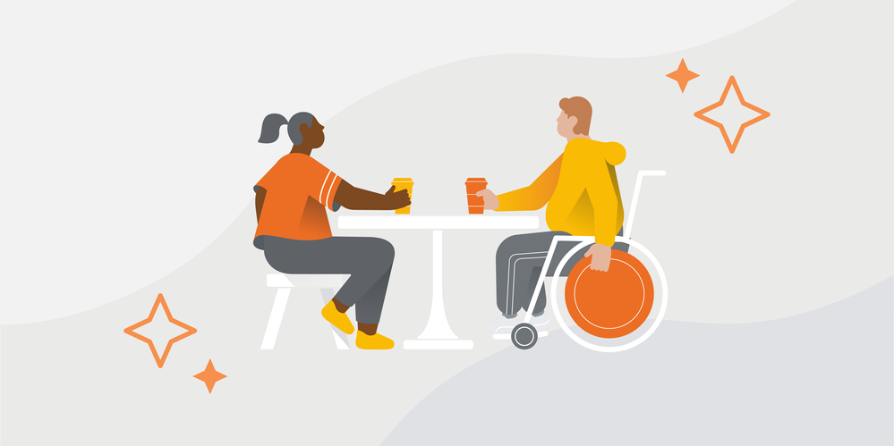 Caption: An illustration of two people, one in a wheelchair, sitting at a table drinking coffee.