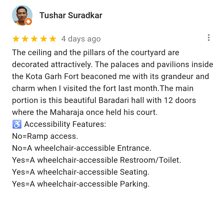 Caption: A screenshot of a review featuring Tushar’s accessibility template on Google Maps.