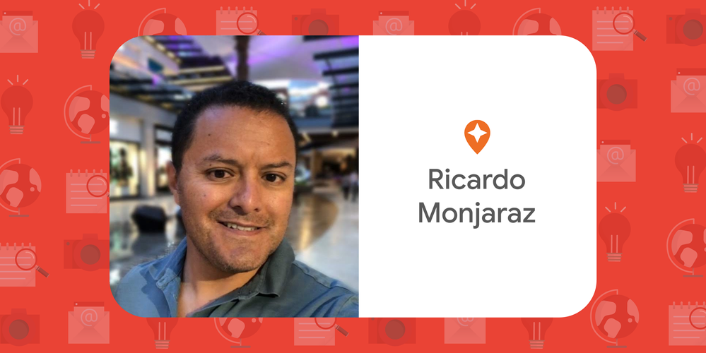 Caption: A photo of Ricardo smiling and an illustration with the words ‘Ricardo Monjaraz,’ the Local Guides pin, an email, a light bulb, a globe, a notebook, a magnifying glass, and a camera.