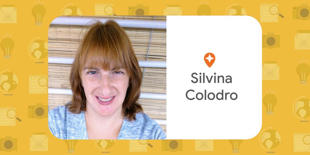 Caption: A photo of Silvina smiling and an illustration with the words ‘Silvina Colodro,’ the Local Guides pin, an email, a light bulb, a globe, a notebook with a magnifying glass, and a camera.