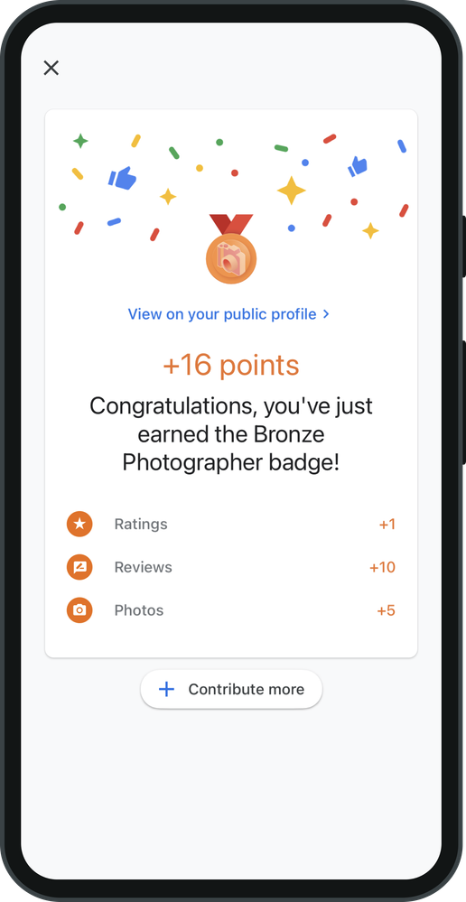 Caption: A screenshot of a contribution confirmation page showing that someone has earned a limited-edition badge on the Google Maps app.
