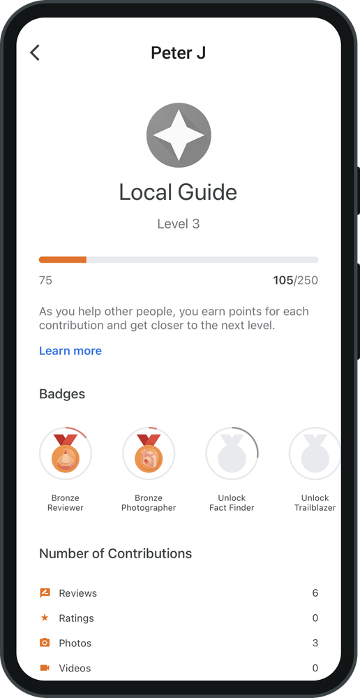 Caption: A screenshot of a profile page showing the badges on the Google Maps app.