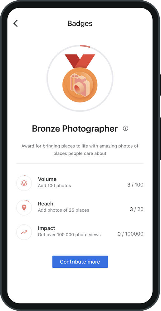 Caption: A screenshot of the Bronze Photographer badge on the Google Maps app.