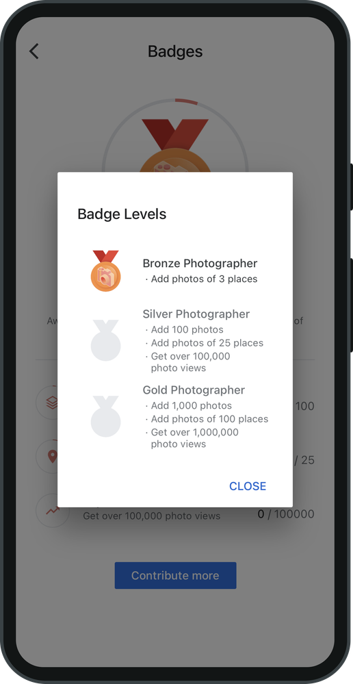 Caption: A screenshot of the Photographer Badge Levels displayed in the Google Maps app.