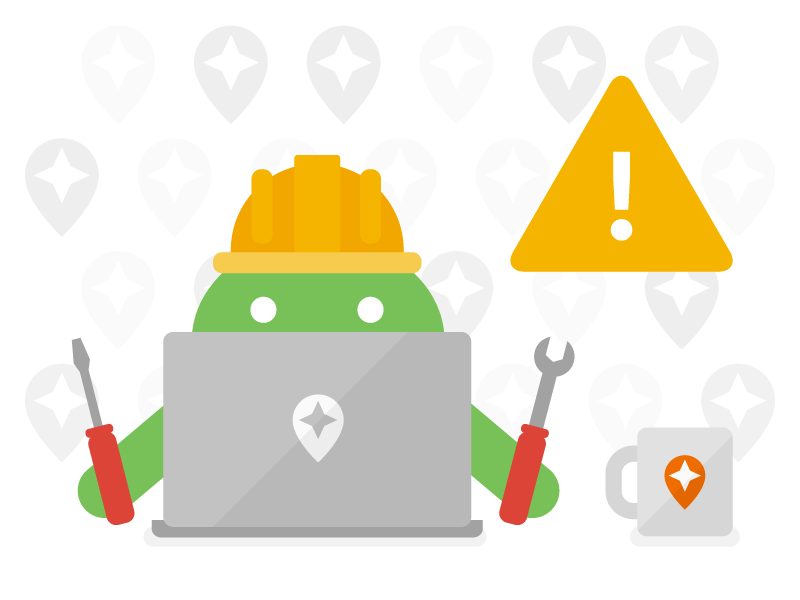 Caption: An illustration of an Android with a hardhat on, sitting at a laptop with tools.