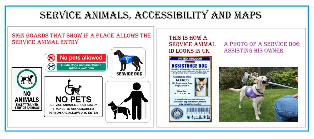 Caption : A collage showing sign boards for service animals allowance , how service dog id looks and a photo of a service dog assisting owner