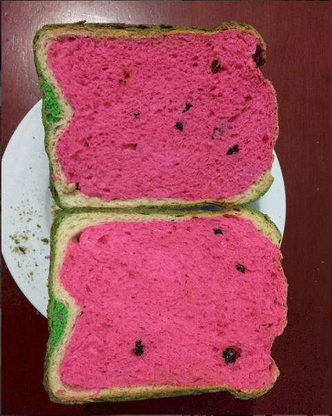 First time i tried to bake a watermelon bread and this is how it came out.